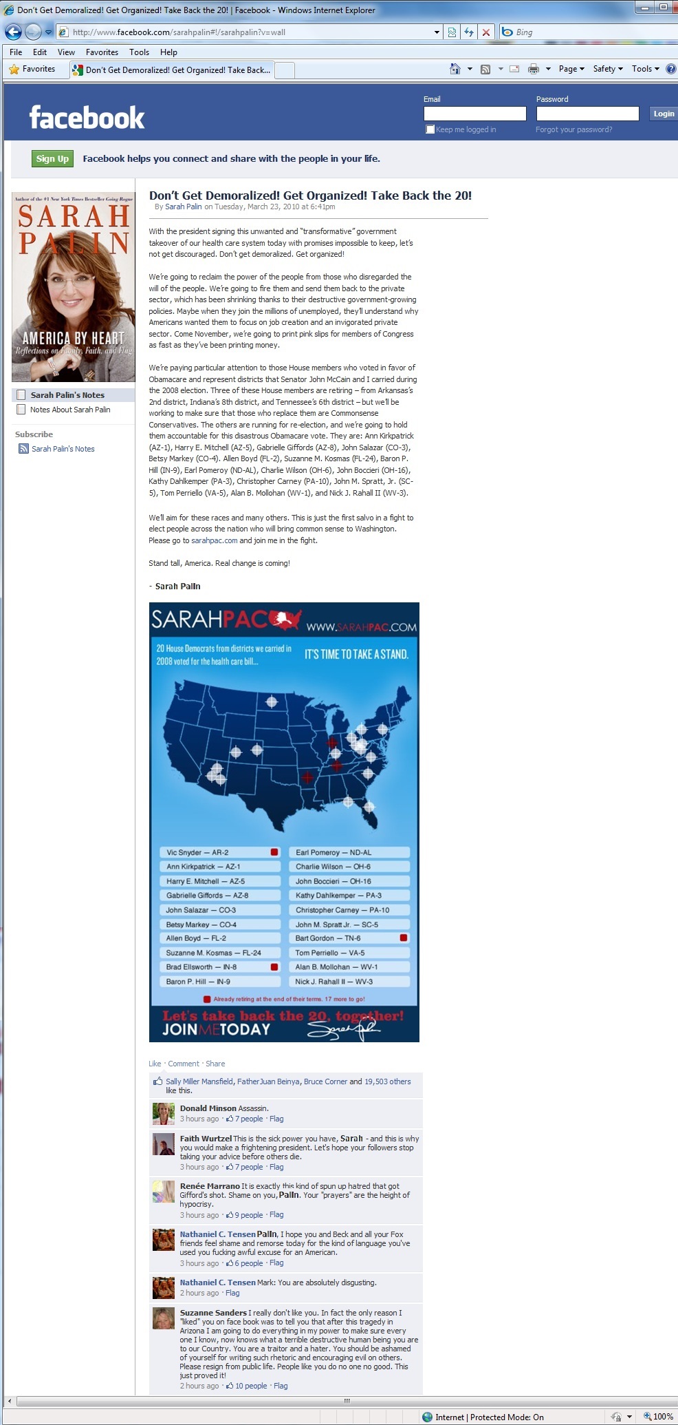 screenshot of Sarah Palin's Facebook page from 9-JAN-11